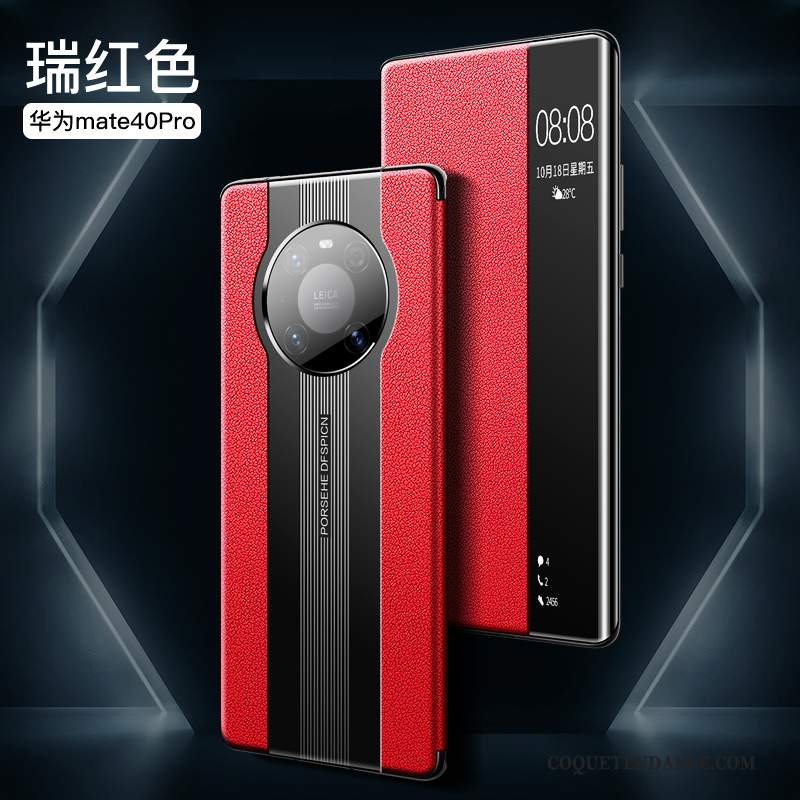 Huawei Mate 40 Pro Coque De Téléphone Cuir Véritable Rouge Clamshell Incassable
