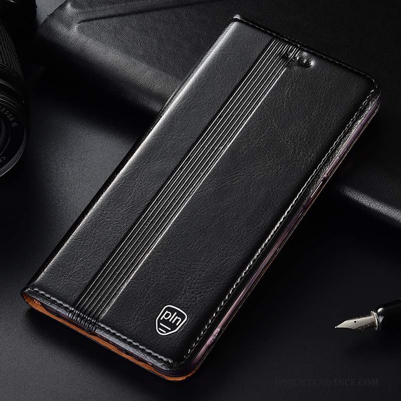 Huawei P Smart+ 2019 Coque Cuir Véritable Étui Modèle Fleurie Protection Noir