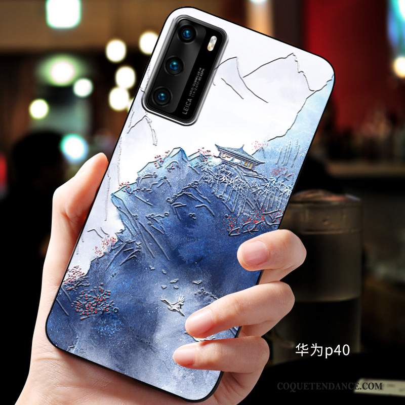 Huawei P40 Coque De Téléphone Fluide Doux Bleu Gaufrage Étui