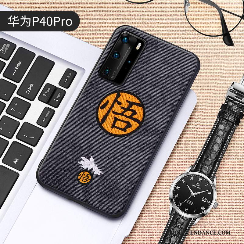 Huawei P40 Pro Coque Broderie Modèle Fleurie Tissu Gris