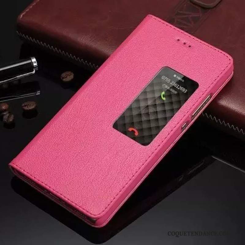 Huawei P8 Coque De Téléphone Ouvrir La Fenêtre Étui En Cuir Cuir Véritable Rouge