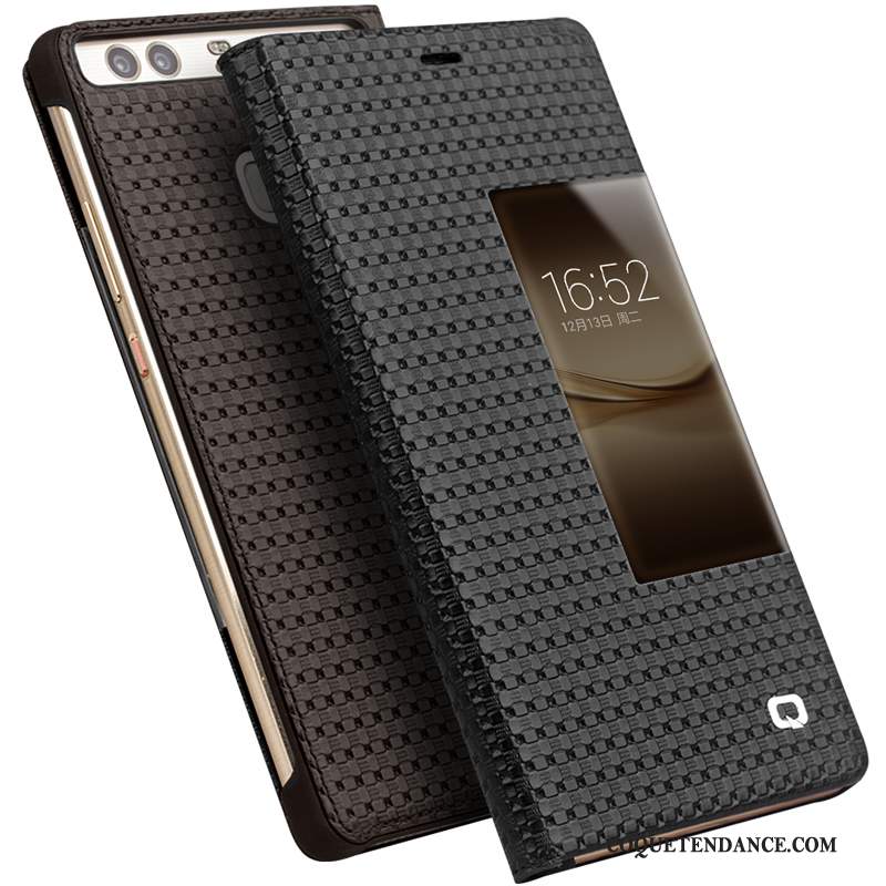 Huawei P9 Coque Noir Cuir Véritable Protection Housse Étui