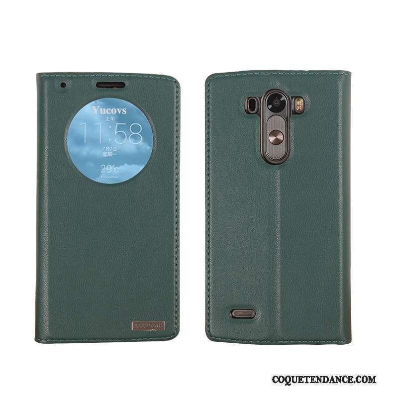 Lg G3 Coque Cuir Véritable Vert Foncé Étui En Cuir Dormance