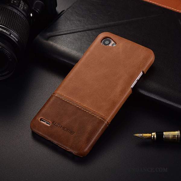 Lg Q6 Coque Protection Très Mince Cuir Véritable Marron Étui