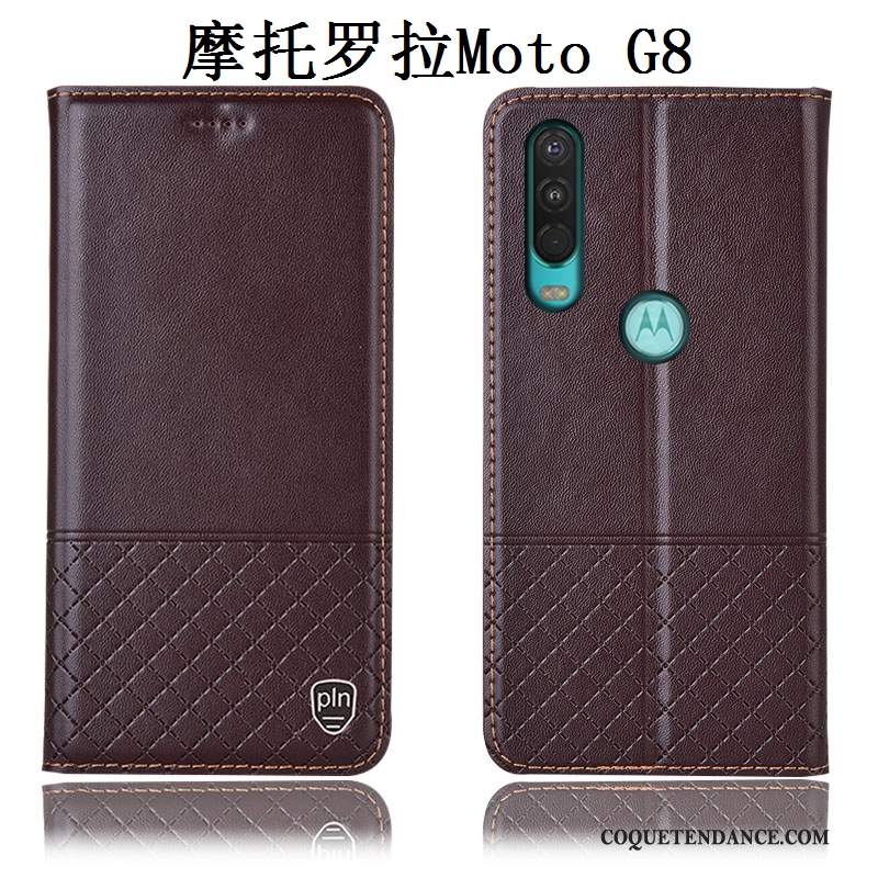 Moto G8 Coque Cuir Véritable Marron Étui Incassable Tout Compris