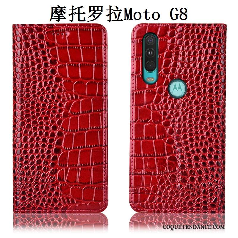 Moto G8 Coque Cuir Véritable Étui Protection De Téléphone Rouge