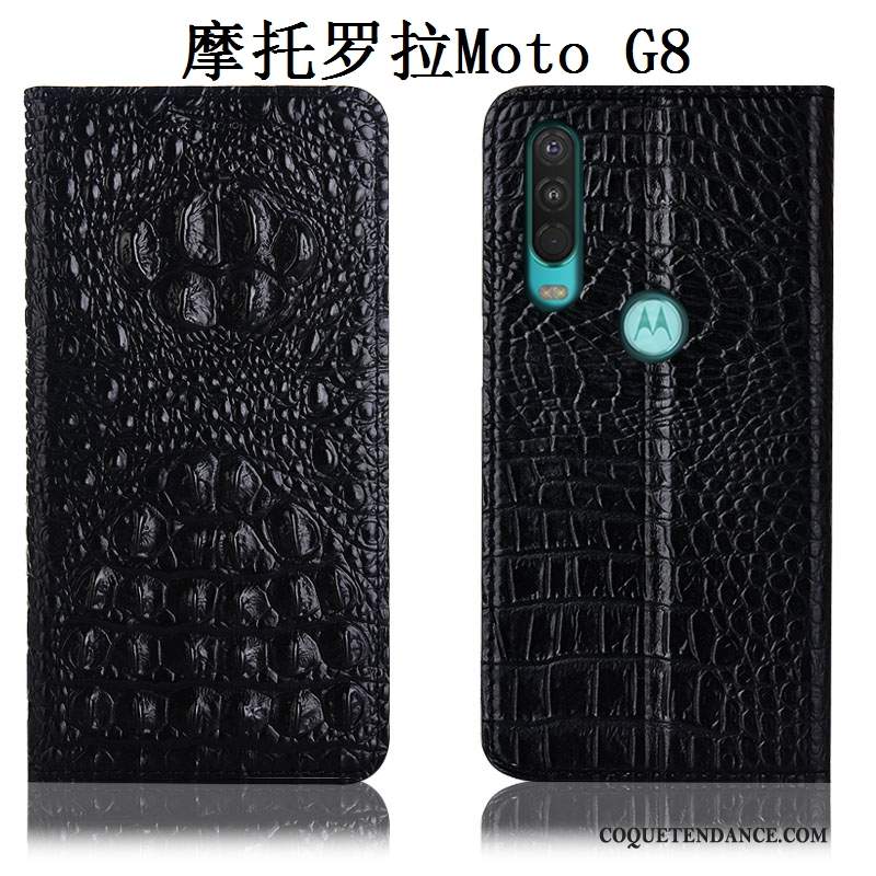 Moto G8 Coque Noir De Téléphone Étui En Cuir Incassable Cuir Véritable