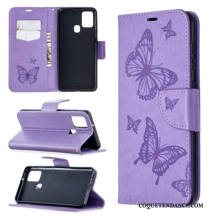 Samsung Galaxy A21s Coque Papillon Violet En Relief Étui En Cuir Tout Compris