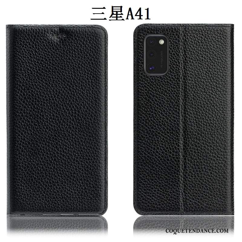 Samsung Galaxy A41 Coque De Téléphone Housse Noir Étui En Cuir Litchi