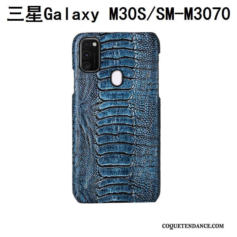 Samsung Galaxy M30s Coque Bleu Protection Oiseau Incassable Cuir Véritable