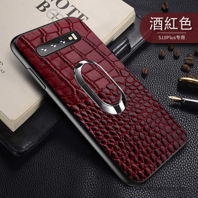 Samsung Galaxy S10+ Coque Vin Rouge Support Cuir Véritable Magnétisme Marque De Tendance