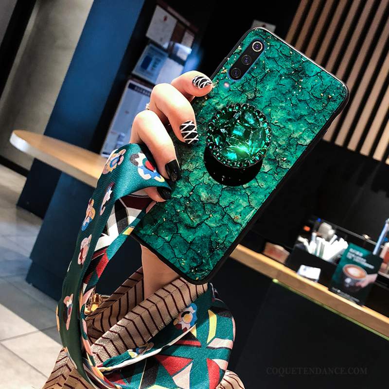 Xiaomi Mi 9 Coque Vert Soie Ornements Suspendus Silicone Modèle Fleurie