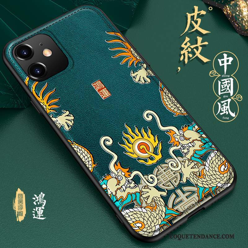 iPhone 11 Coque Cuir Net Rouge Style Chinois Luxe Vert