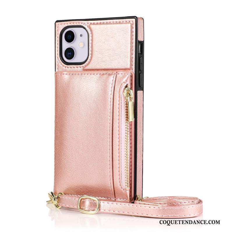 iPhone 12 Coque Étui En Cuir Carte De Téléphone Portefeuille Rose