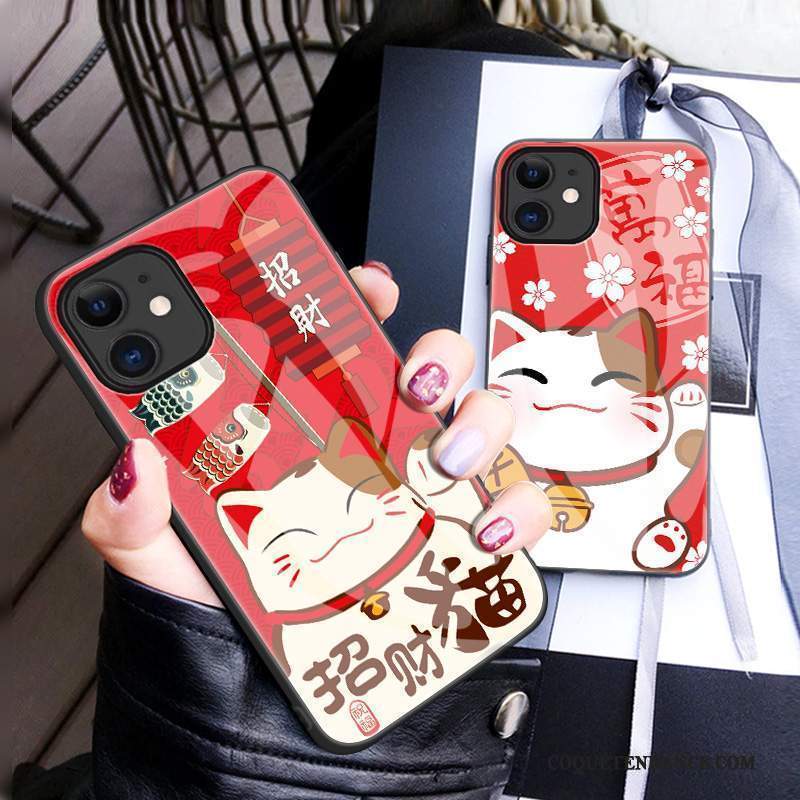 iPhone 12 Mini Coque Créatif Dessin Animé Verre Chat Tout Compris