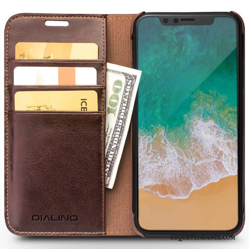 iPhone X Coque Housse Cuir Véritable Marron Business Étui